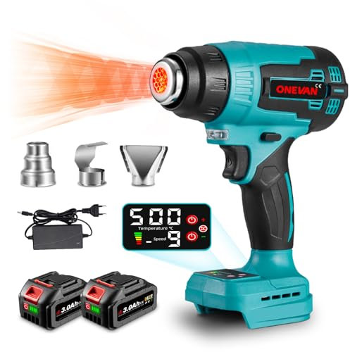 ONEVAN Pistola termica a batteria, pistola termica con 2 batterie da 3000 mAh e caricabatterie, max 500 °C, display digitale LCD, ventilatore ad aria calda senza fili con 3 ugelli per saldatura,