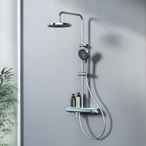 EMKE Columna de Ducha con Termostato, Cromado, Iluminación LED | Conjunto de Ducha Efecto Lluvia con 3 Modos de Rocío, Ducha de Mano + Ducha de Lluvia + Salida Inferior