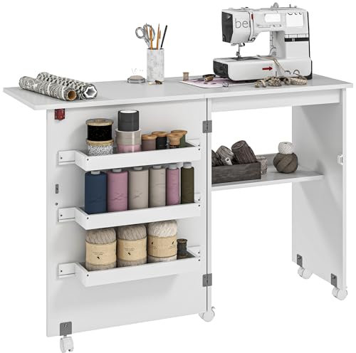 HOMCOM Folding Sewing Table, Drop Leaf Craft Table with Storage Bins, Open Shelf and Wheels, Rolling Sewing Machine Cabinet Computer Desk for Small Space, White