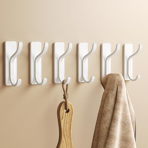 pickpiff Self Adhesive Hooks for Hanging: Heavy Duty Stick On (Hold 6KG), Sticky Hook for Wall, Door, Kitchen, Bathroom - Ideal for Coat, Towel, Clothes, Keys, Purse - Stainless Metal, White, 6 Pack