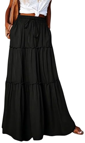 Rock Damen Lang Boho Blumen Hohe Elastische Taille mit Taschen und Gürtel Maxi Skirt Faltenrock Strandrock Freizeitrock