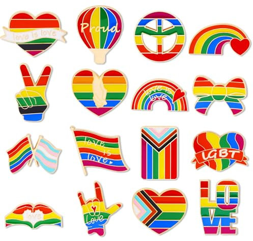16Pcs Pride Pins Bulk Rainbow LGBTQ Gay Enamel Lapel Pins Lesbian Pride Heart Flag Brooch Pin Badges for Clothes Bags Hat Jacket Pride Decoration and Accessories