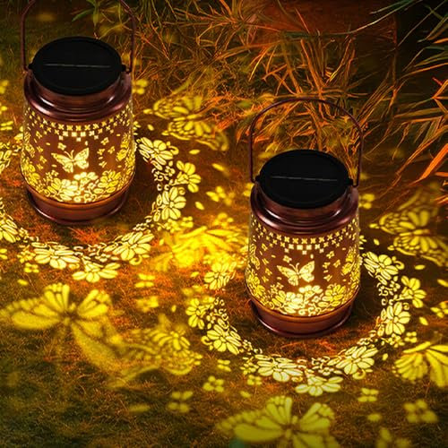Joysing Solarlampen für Außen Hängend 2 Stück Solar Laternen für Draußen, Schmetterling Solarlaterne Wasserdicht Metall Solar Laterne für Terrasse Patio Garten Deko, Geschenke für Mama Oma Frauen