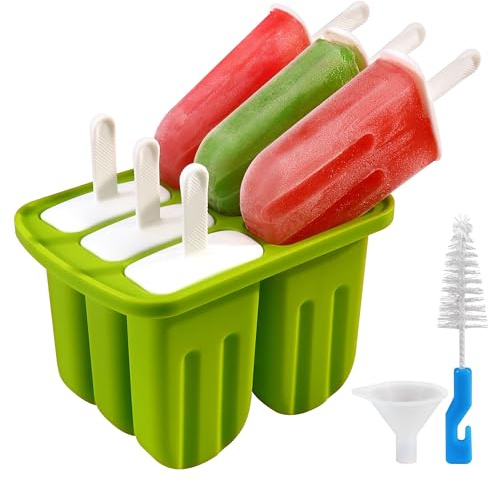 Ice Lolly Moulds,6 Cavity Popsicle Mould with Sticks, Silicone Ice Pop Molds BPA Free Ice Cream Moulds with Cleaning Brush Folding Funnel for Kids Summer DIY Home Kitchen Tools (Green)