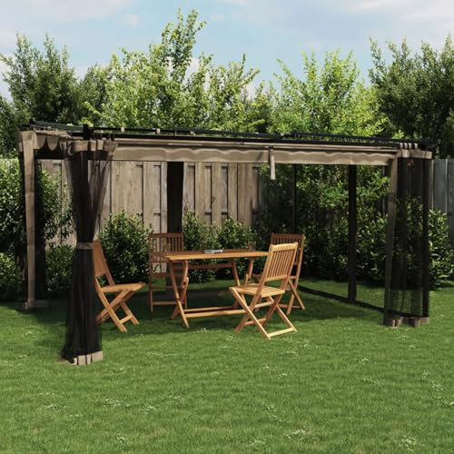 Gecheer Pavillon, Pergola mit Netzwände Schiebedach, Sonnenschutz Überdachung für Terrasse Garten, Gartenpavillon Terrassendach Gartenzelt, Taupe 4x3 m Stahl