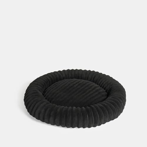 OHS Black Dog Bed Large, Faux Fur Ribbed Round Donut Dog Bed Super Soft Plush Puppy Cuddler Beds Non-Slip Base Anti Anxiety Washable Pet Beds for Cats, 70 x 70cm