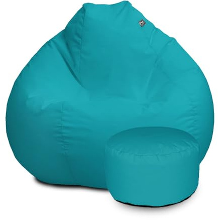 rucomfy Water Resistant Adult Slouchbag Beanbag Foostool Bundle - Turquoise | Huge Indoor/Outdoor Pre-Filled Armchair Seat - Home and Garden Seating - UV Resistant - Machine Washable Cover - 80x110cm