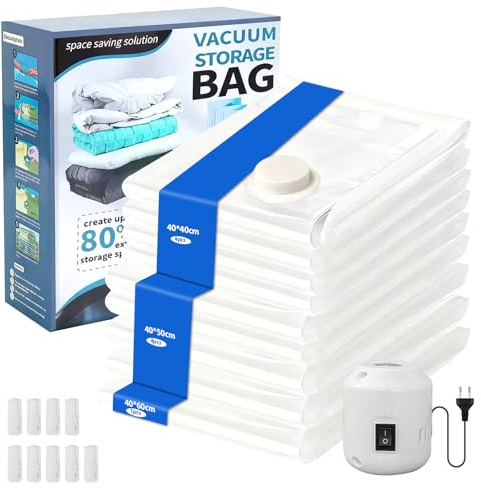 Pmueuff Vakuumierbeutel mit Elektrischer Pumpe, 9 Stück Vakuumbeutel für Kleidung(4pcs*40 * 40cm/4pcs*40 * 50cm/1pcs*40 * 60cm) Wiederverwendbar Vakuumbeutel für Bettdecken, Kleidung, Reise, Kissen