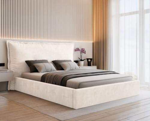 VALLH Bett Sofia modernes Polsterbett Schlafzimmer mit großem Bettkasten – weiches Kopfteil Kissen (Piano 01 Cremeweiß, 180x220 (Ohne Matratze))