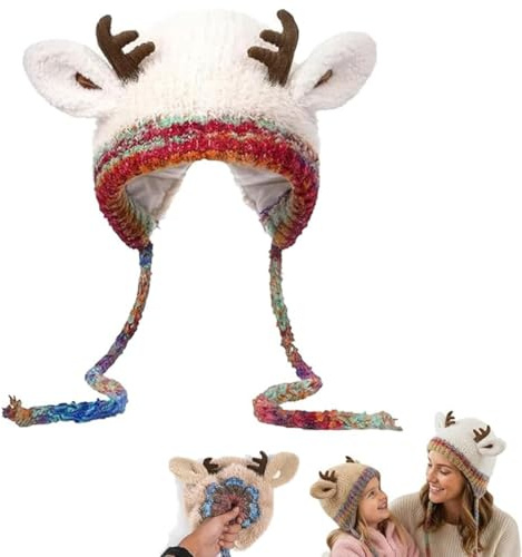 Festive Christmas Antler Hat & Bag 2-in-1,Christmas Transformable Hat and Bag,Festliche Weihnachts-Geweihmütze & Tasche 2-in-1,verwandelbare Weihnachtsmütze und Tasche, Entzückende Wintermütze (Beige)