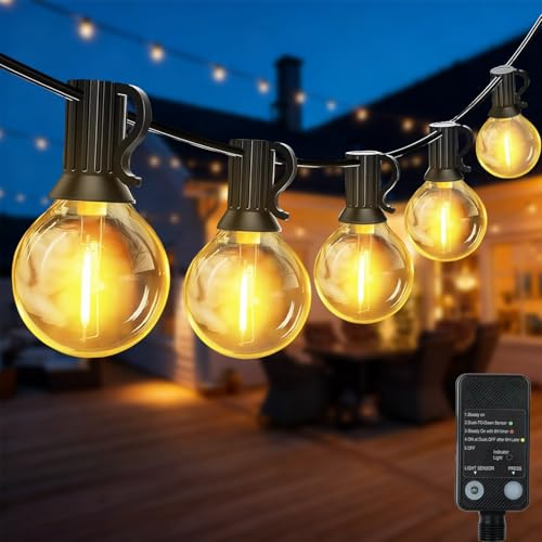 QIHANS Outdoor Garden String Lights Mains Powered, 100FT/30M Festoon Lights with Light Sensor Timer, 50+2 G40 Shatterproof Globe Bulbs, Waterproof Garden String Lights for Balcony Yard Patio Wedding