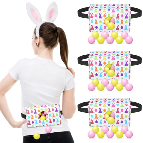 HappyAlley 4 Sets Easter Party Games Pink Yellow Egg Bunny Shake Box, 4 Adjustable Belts and 80 Balls, Swing Shaking Balls Set for Adults Tea Garden Outdoor Indoor Group Party Game