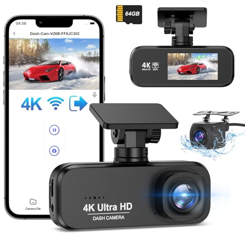 SAVUSCAM Dash Cam 4K + 1080P, WiFi Dash Cam Front and Rear, 64GB SD Card Included, Dual Car Camera Dashcam with Night Vision, WDR, 170° Wide Angle, G-Sensor, App Control, Loop Recording