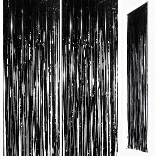 Black Foil Door Curtain Decorations, 2pcs 3.2ft x 8.3ft Tinsel Curtains Fringe Backdrop, Black Streamers Door Hanging Decoration for Halloween Birthday Wedding Bridal Shower Bachelorette Party.