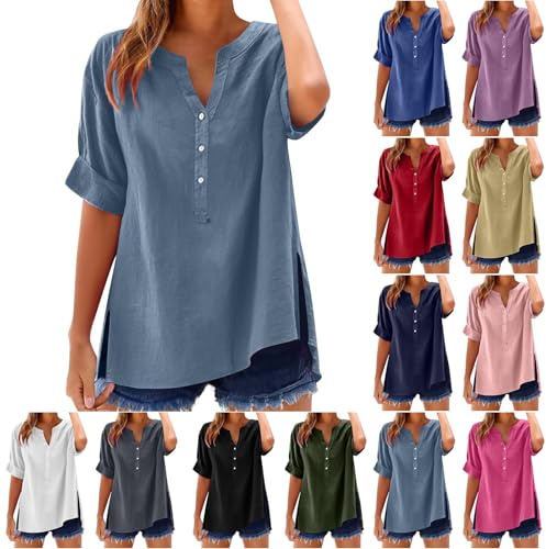 Yolimok Womens Tops Cotton Linen Shirts Summer V Neck Button Up Short Sleeve Ladies Blouse T-Shirts Solid Color Work Casual Oversized Loose Blouses Daily Women Top Cloth Sale Clearance UK Plus Size