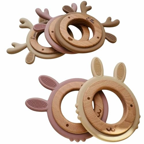 Baby Greifling aus Holz & Silikon – Motorikspielzeug für Babys – BPA-frei – Greifspielzeug ab Geburt – Sensorikspielzeug für Neugeborene – Tierform Reh/Hase