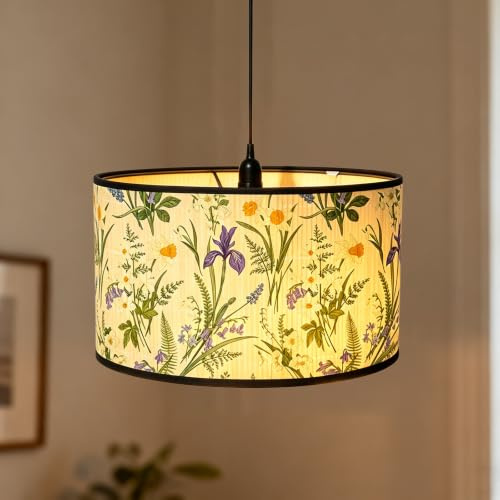 Taurion Stoffen Lampenkap Lampenschirm Hängelampe: Bambus Eisenfarbe Trommel Lampenkap, Handgemacht E27 Lampenfassung für Wohnzimmer und Schlafzimmer(30×30×20cm）