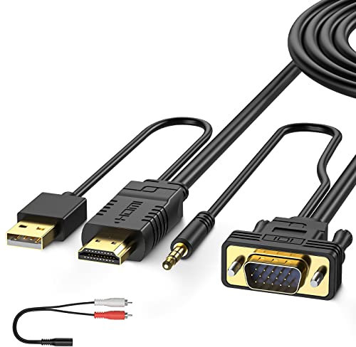 FOINNEX Câble VGA vers HDMI 15M, Ancien PC à Nouvelle TV/Moniteur, Cordon Convertisseur Adaptateur avec Audio pour Ordinateur Portable vers Projecteur