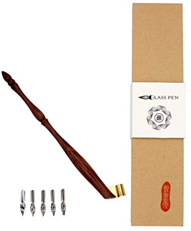 Hillento Oblique Calligraphy Fountain Pen Holder, English Feather Quill Calligraphy English Script, Antique Copper Engraving Manuscript Nib + 5 Flat Nibs, Redwood