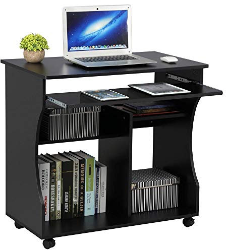 Yaheetech Table/Bureau Informatique Roulettes Table Ordinateur/de Travail avec Grand Clavier et Etagères 80 x 48 x 76 cm Noir
