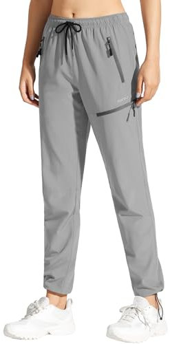 MOCOLY Leicht Wanderhose Damen Cargo Outdoorhose Trekkinghose Funktionshose Elastischem Gummibund Sommer Outdoor Hose Lang Schnelltrocken UPF 50 mit Reißverschlusstasche Hell Grau M
