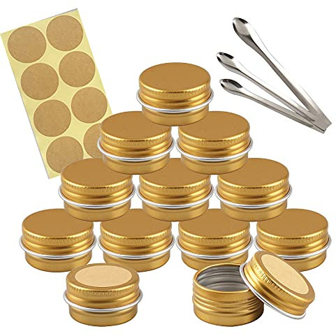TIANZD 10 Pièces 5 ml Vide Rond Or Pots en Aluminium Cosmétiques Pot Canettes Bocaux Conteneurs 5ml for Fait Main Bougies Crème Baume Voyage, 3x aluminium cuillère, 10x Étiquettes