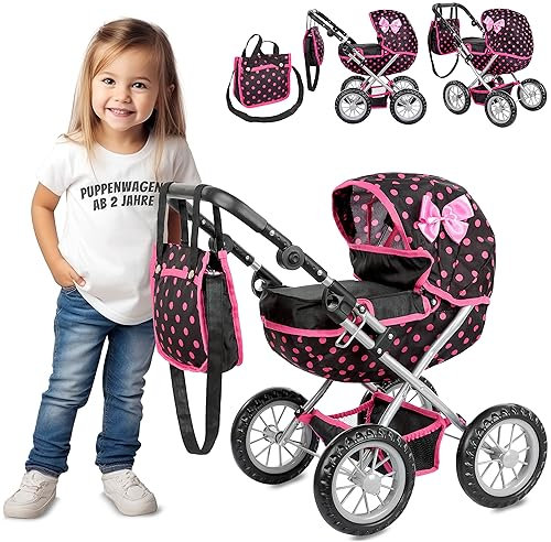 Kinderplay Puppenwagen ab 2 Jahre, Kinderwagen Puppen - Leichte und Stabile Konstruktion, Kinderpuppenwagen ab 3 Jahre, Höhenverstellbar von 33 bis 63 cm, KP0262G