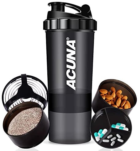ACUNA Protein Shaker Bottle 600ml- 3 Layered Twist Off Cups For Pill & Supplement Storage - Steel Mixing Ball For Lump Free Smooth Shake- Easy To Clean Gym & Sports Shaker Bottle (Black)