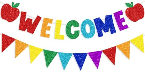 Glitzer-Willkommensbanner mit Apfelschild, bunt, glitzernd, Wimpel, Banner, Willkommensanfang, Schulanfang, Party-Dekorationen, Willkommen im Kindergarten, Schule, Klassenzimmer, Lehrer, Büro,
