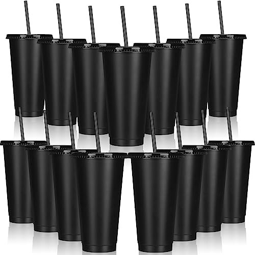 Bokon Tumblers with Straws and Lids - Bulk 24 oz Reusable Plastic Cups for Cold and Hot Drinks, Parties, and Birthdays - 15 Sets, Black
