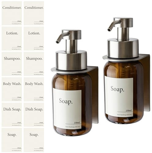 Design Amburgo Dispenser sapone bagno a muro autoadesivo | Dispenser sapone cucina | Porta sapone bagno | Accessori cucina | Vetro e acciaio inossidabile | Senza forare | Grigio Argento 250 ml (2x)