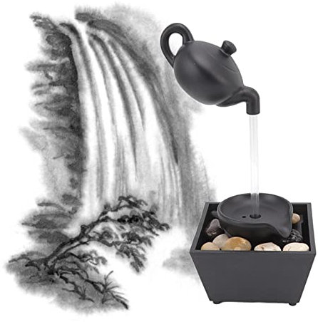 Bewinner Adorno Flotante para Fuente de Agua con Tetera, Creativo y Artístico, Decoración de Cascada Estilo Cultura del té Chino con Luces LED, Piedras para Escritorio de té, Chimenea
