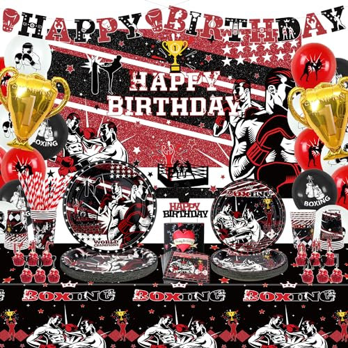 Obussgar Boxing Birthday Party Decorations - Boxing Party Supplies including Banner, Backdrop, Cake Toppers, Plates, Cups, Napkins, Balloons, Tablecloth for Birthday Party Baby Shower - Serves 20