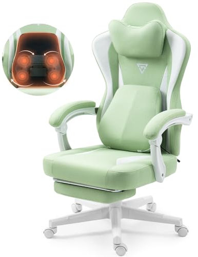 Vigosit Gaming Stuhl mit Beheizter Massage Lendenwirbelstütze, Stoff Gamer Stuhl mit Tasche Frühling Kissen und Fußstütze, Roß und Hoch Gamer 150 kg Belastbarkeit (Grün)