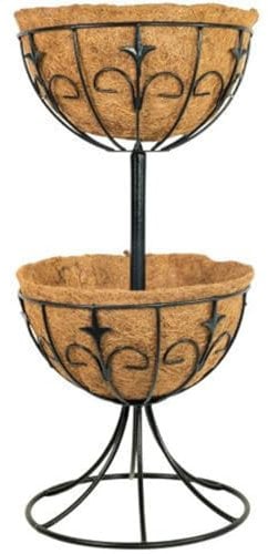 Deluxe Tiered Fountain Coco Liner Raised Metal Freestanding Planter Natural Coconut Outdoor Plant Garden Decor Basket Flowers Plants Floral Displays (Deluxe Two Tier Fountain MT2TFD)