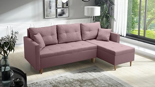 DMSM Skandinavisches Klappbares Ecksofa Mit Schlaffunktion Scandik Pik 2X Staufach rosa