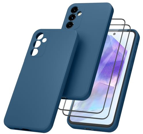 YLK Custodia per Samsung Galaxy A55 5G,【1 Custodia + 2 Vetro Temperato】per Samsung A55 5G, Custodia in Silicone Cover per Samsung Galaxy A55 5G con Pellicola Proteggi Schermo (Blu navy)