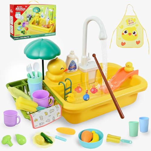 Ulikey Lavello per Bambini, Lavello Giocattolo con Acqua, Giocattoli da Pesca, Sistemi Automatici di Circolazione Dell'acqua, Accessori Cucina Giocattolo, Lavello Cucina per Bambini 3+ (Giallo)