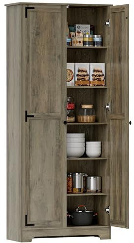 HOMCOM Alacena de Cocina Armario de Cocina Armario de Almacenaje con 2 Puertas y Estantes Ajustables para Comedor Salón 78x31,5x182 cm Marrón Grisáceo