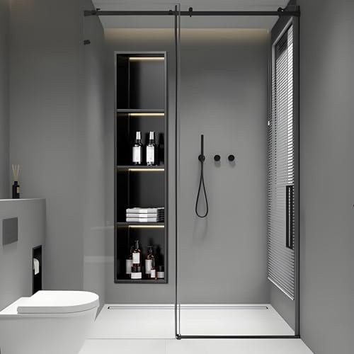 HPTHLY Premium Stainless Steel Recessed Shower Niche Kit with LED Lights - Stylish Bathroom Storage for Shampoo Shower Gel & Accessories - Perfect for Living Room &,Black-120x28cm