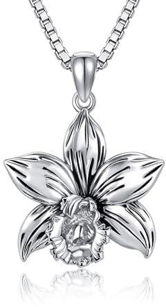 URONE Orchid Necklace 925 Sterling Silver Orchid Flower Pendant Necklaces Flower Jewellery Gifts for Women