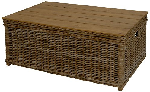 Korb-Outlet Stabiler Couchtisch auch als Holztruhe, Holzkiste XXL einsetzbar/aus echtem Rattan und Holz/massive Kiste, Truhe für Brennholz (110x70cm)
