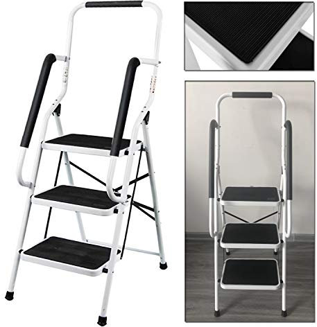 Échelle pliable en acier 3 marches avec rampe de sécurité, escabeau portable antidérapant, capacité de charge de 150 kg