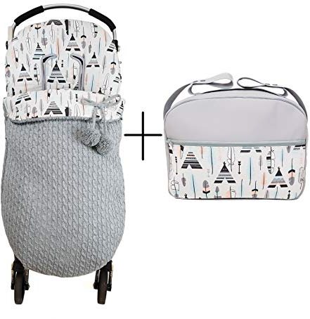 Set Universal Fußsack für Kinderwagen oder Buggy+Universal Kinderwagentaschen. Verfügbar in mehrere Modelle und Farbene. (Dakota (Tipis und Federn))