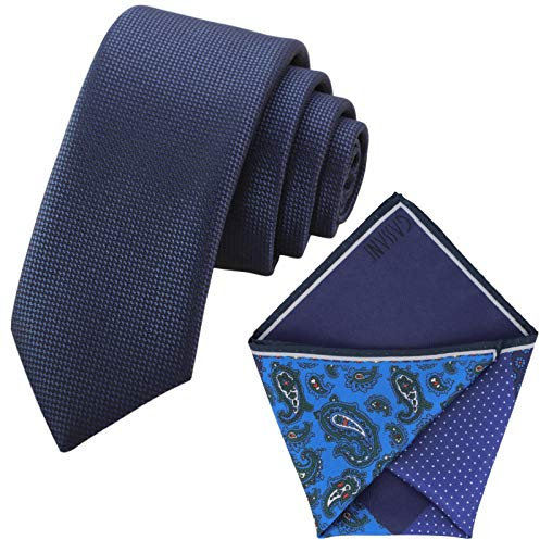 GASSANI 6cm Breite, Blaue Schmale Dünne Herrenkrawatte Strukturiert Extra-Lang, Krawatten-Set, Herrenschlips Einstecktuch Bunt 4 Verschiedene Designs