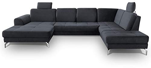 CAVADORE Wohnlandschaft Benda / Große Sofagarnitur mit XL-Longchair links & Federkern / Inkl. Sitztiefenverstellung & Kopfstützen / 332 x 87 x 226 / Samt: dunkelblau
