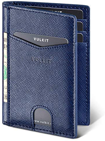 VULKIT Portefeuille Homme Mince en Cuir RFID Blocage Porte-Cartes de Crédit Portefeuilles Minimaliste 10 Fentes pour Cartes Bancaire ou Billets - Bleu Croix