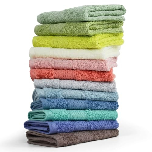 Cleanbear Lot de 12 débarbouillettes 100% Coton pour Salle de Bain – 33 x 33 cm – 12 Couleurs Assorties (Multicolore, 12)