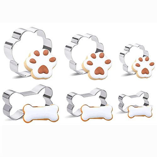 nuoshen 6 Piece Dog Cookie Cutter Set, Cartoon Dog Bone, Paw Print Animal Cookie Cutters Dog Shaped Mould for DIY Baking Biscuit Pastry Cutter