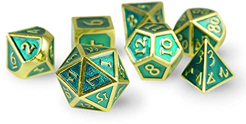 shibby 7 polyedrische Metall-Würfel - Steampunk - für Tabletop und Rollenspiele inkl. Aufbewahrungsbox - Gold-grün